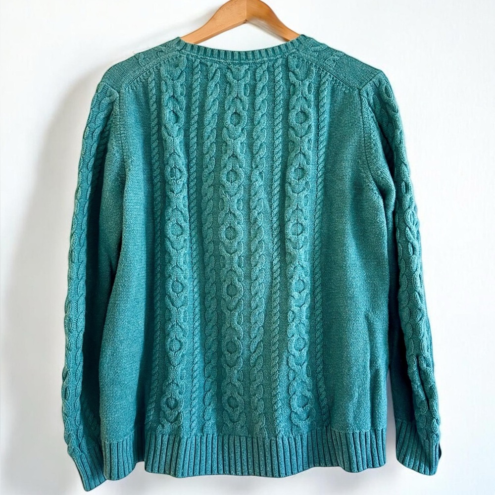 LL Bean Vintage Cable Knit Sweater Teal Cotton XL Fisherman Crewneck 90s - Picture 2 of 10